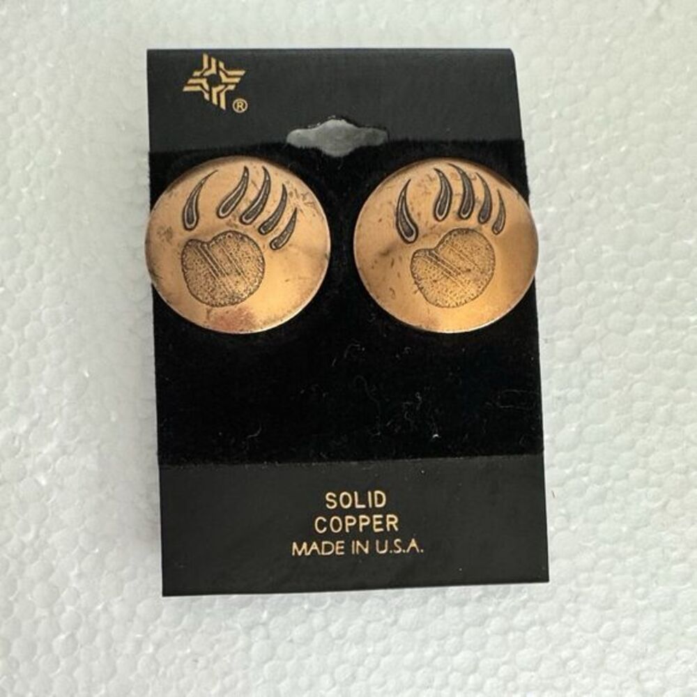 Vintage Solid Copper Bear Paw Clip On Earrings Southwestern Original Card USA